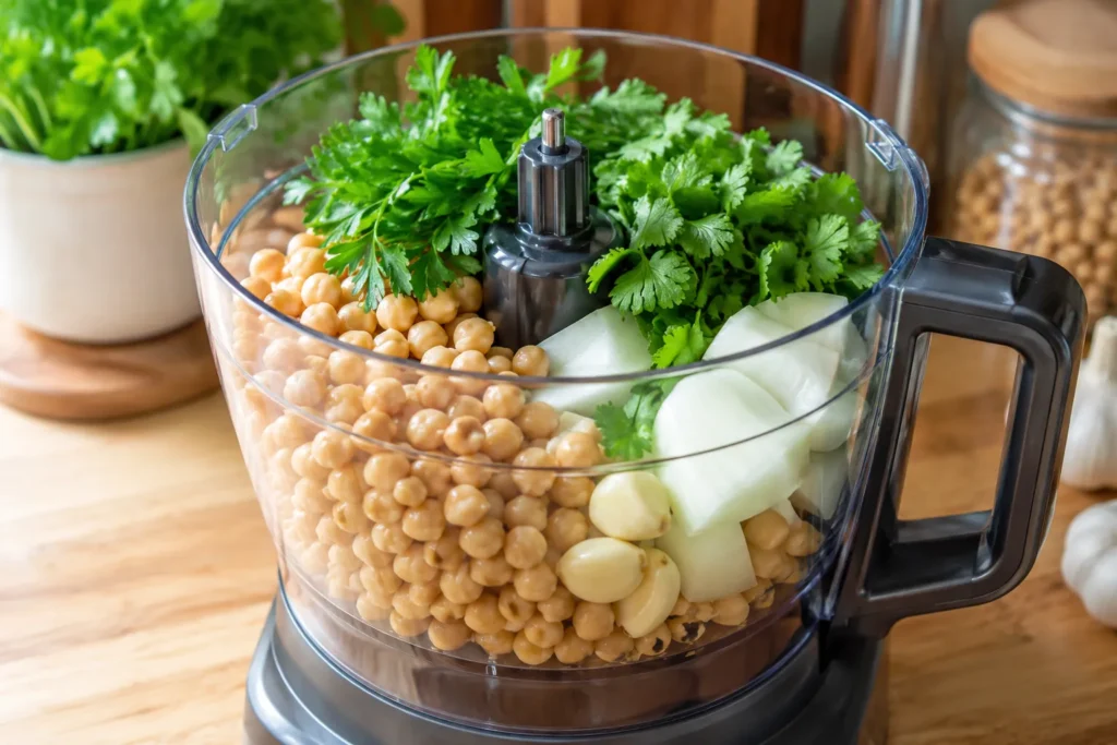 Soaked chickpeas, fresh parsley, cilantro, onion, and garlic inside a food processor before making homemade falafel.