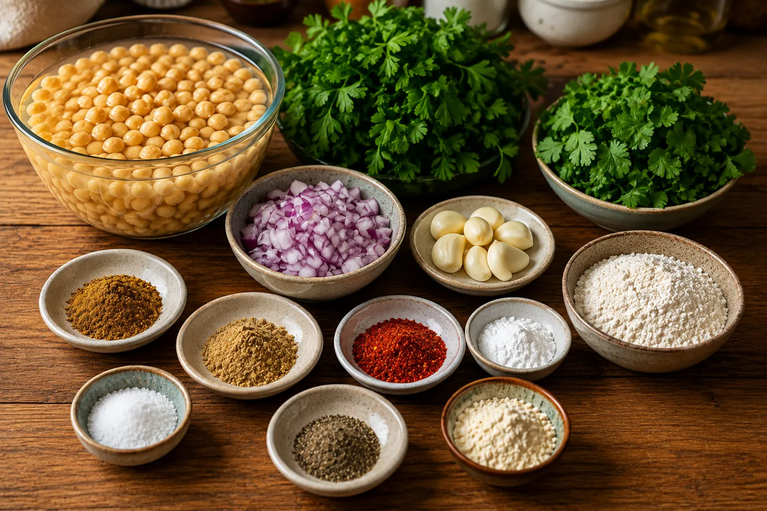 Fresh falafel ingredients including soaked chickpeas, parsley, cilantro, onion, garlic, cumin, coriander, chili powder, flour, and baking powder arranged on a wooden countertop.