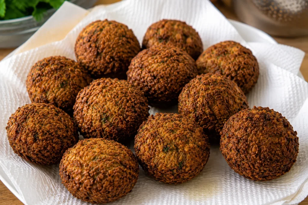 Freshly fried crispy falafel draining on paper towels before serving.