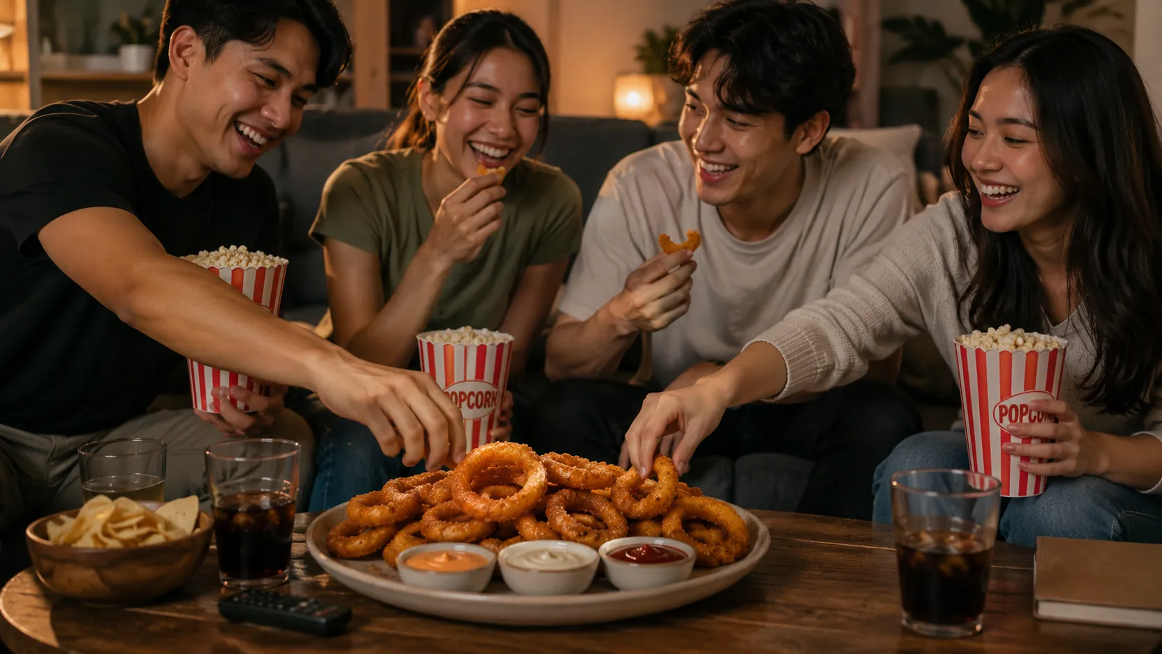 Friends enjoying crispy homemade onion rings with dipping sauces during a cozy movie night in the living room.