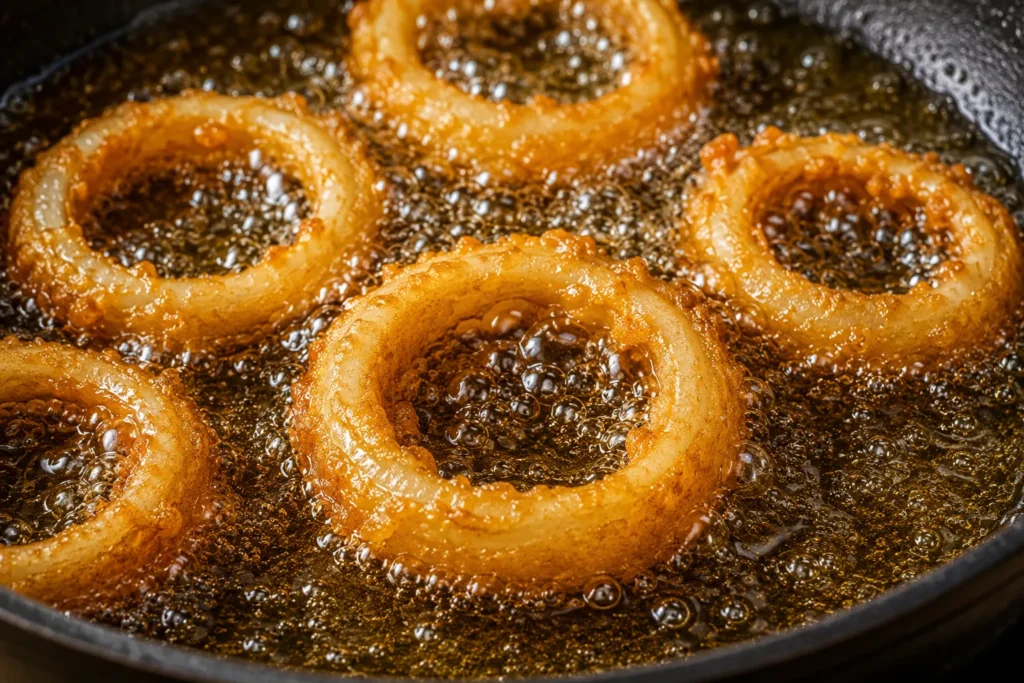 Homemade onion rings frying in hot oil until perfectly golden brown and crispy.