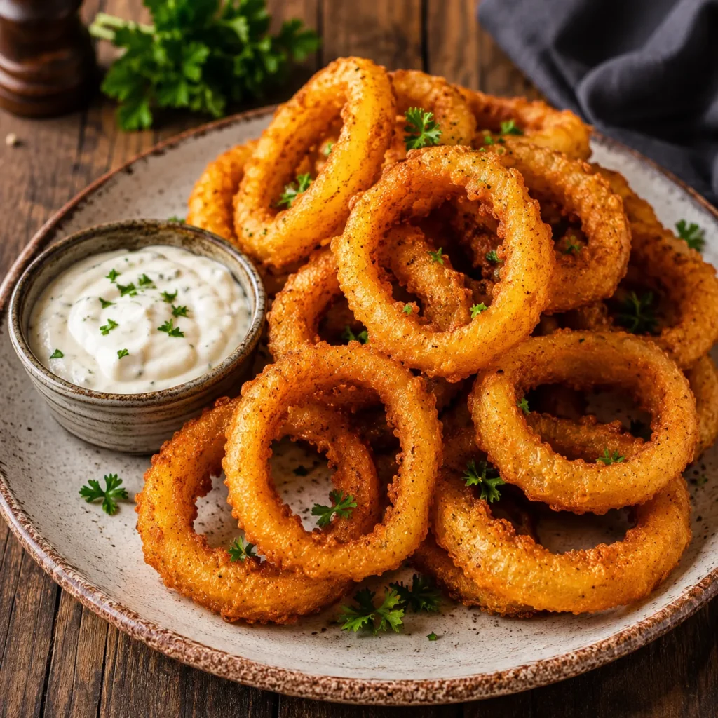 Crispy golden homemade onion rings served on a rustic ceramic plate with garlic aioli dipping sauce and fresh parsley garnish.