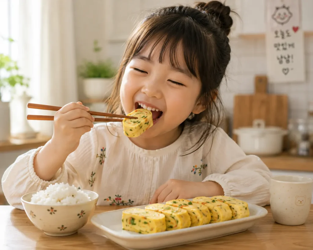Little girl happily enjoying Korean Gyeran Mari rolled omelette served on a ceramic plate at the dining table