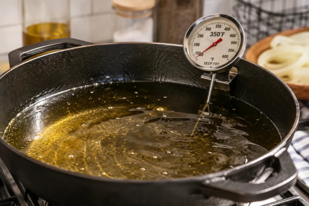 Deep frying pan filled with hot vegetable oil heated to the ideal temperature for crispy homemade onion rings.
