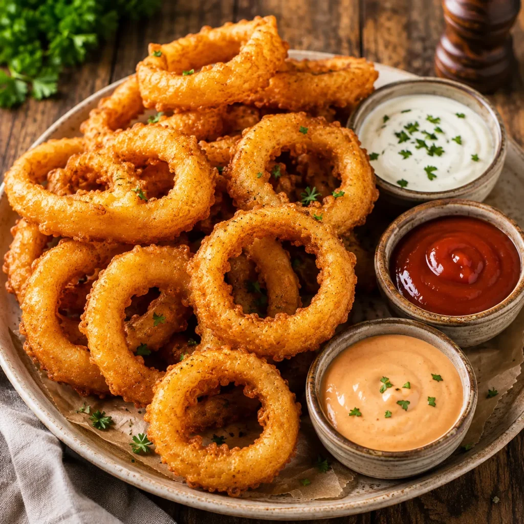 Fresh homemade golden onion rings served with three dipping sauces on a rustic wooden table.