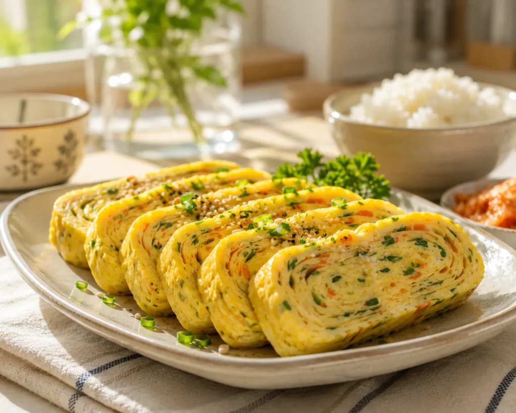Korean Gyeran Mari rolled omelette served on a ceramic plate on a dining table with warm morning sunlight