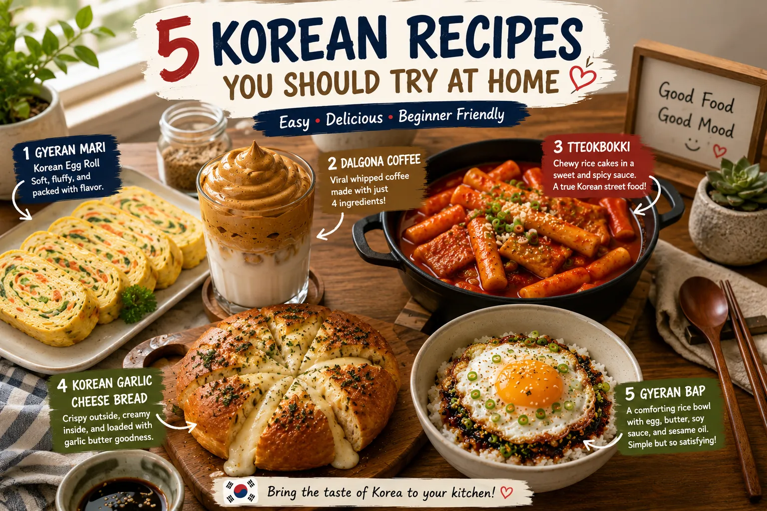 Creative Korean food recipe poster featuring five popular dishes with short descriptions to help beginners choose what to cook at home.