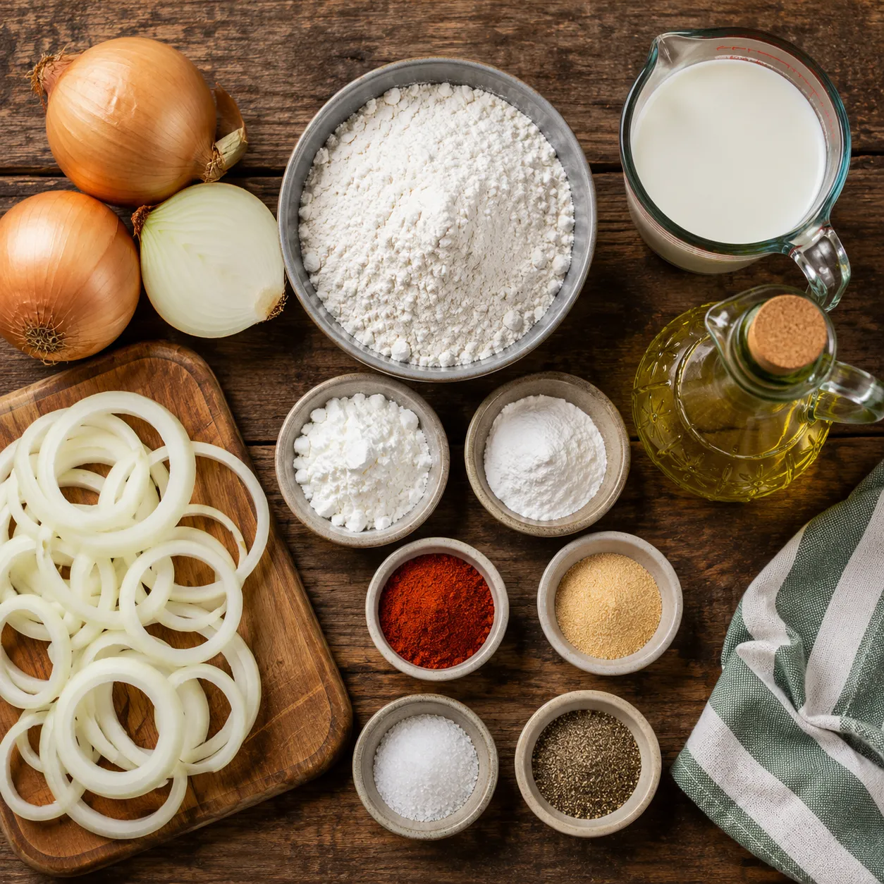 Fresh yellow onions, flour, cornstarch, paprika, garlic powder, milk, and seasonings prepared for homemade crispy onion rings.