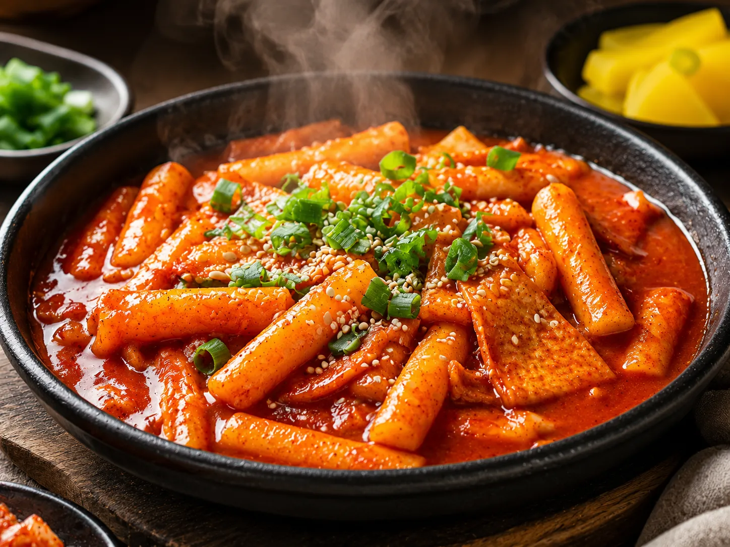 Warm and smoky Korean tteokbokki served in a black bowl on a wooden table with a rich spicy sauce