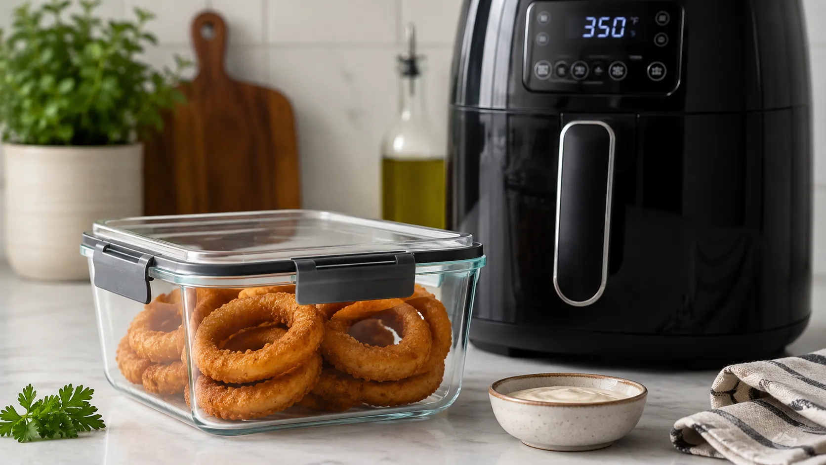 Leftover homemade onion rings stored in an airtight glass container beside an air fryer in a modern kitchen.