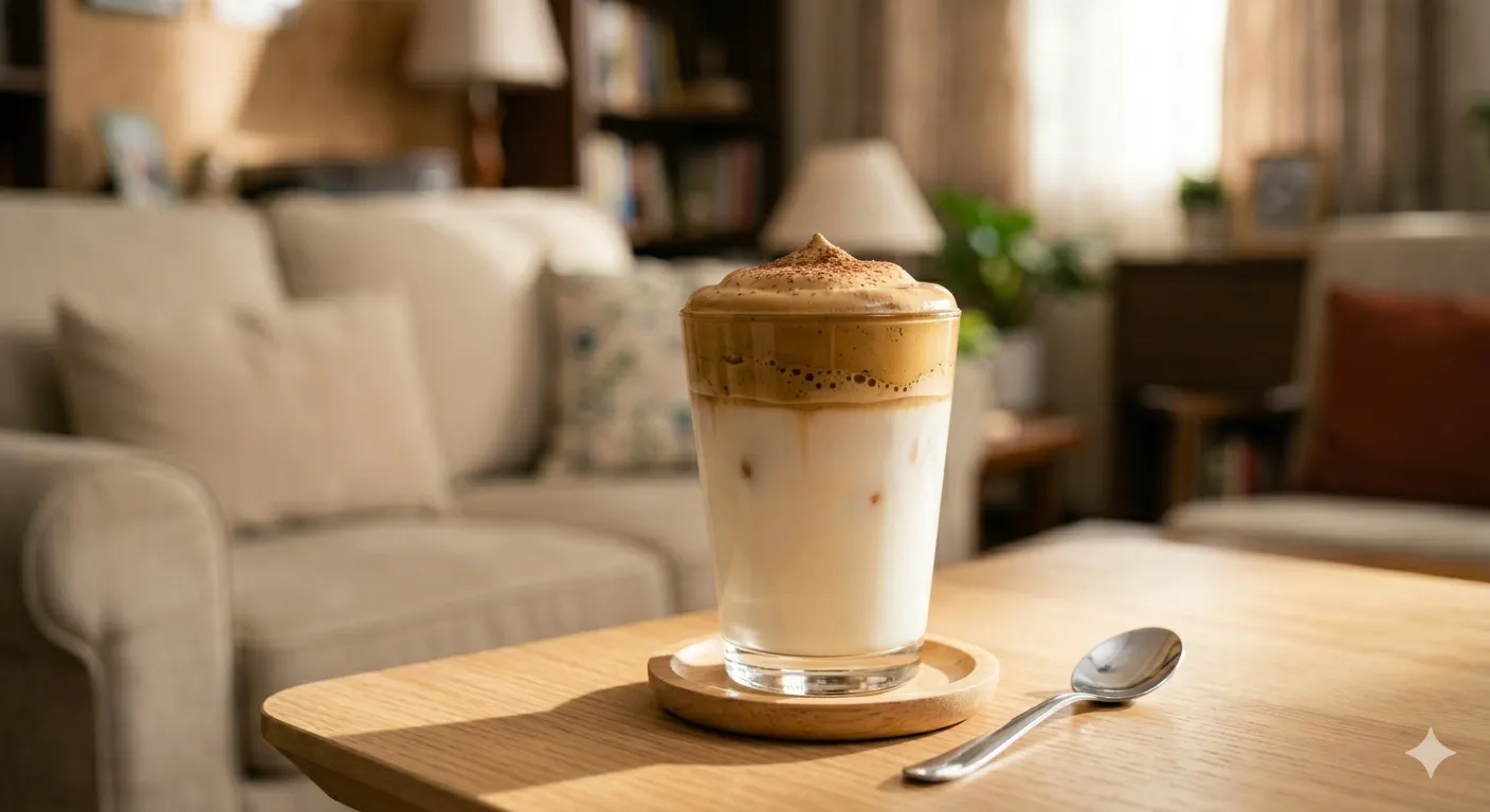 Homemade Dalgona coffee served on a table in a warmly lit living room with a cozy atmosphere
