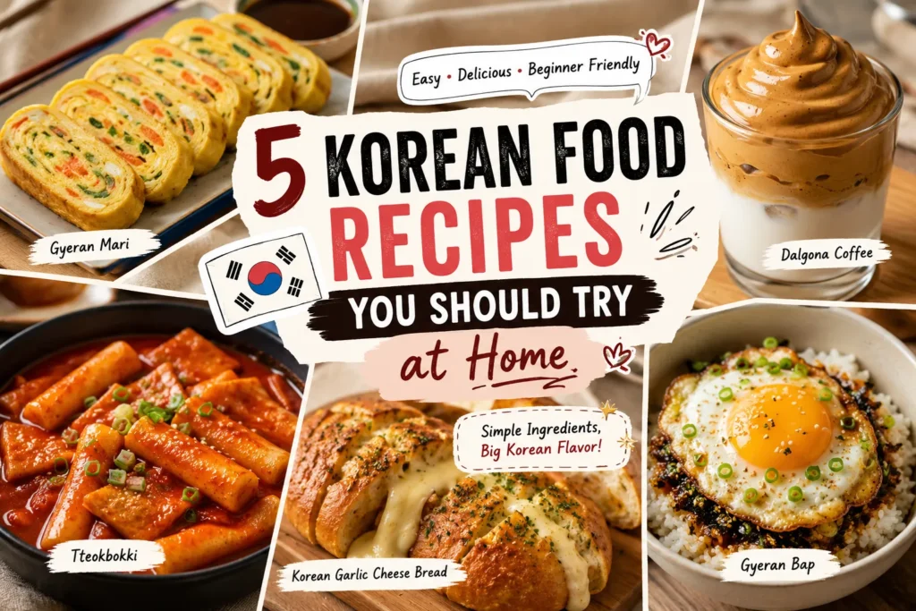Five easy Korean food recipes including Gyeran Mari, Dalgona Coffee, Tteokbokki, Korean Garlic Cheese Bread, and Gyeran Bap arranged in a colorful recipe collage.