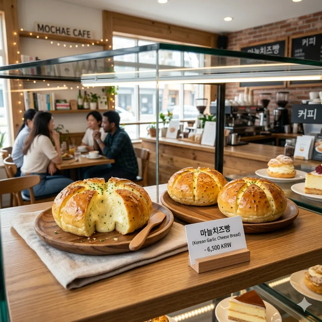 Freshly baked Korean garlic cheese bread displayed in a glass bakery case at a cafe, showing pricing and delicious melted cheese texture.