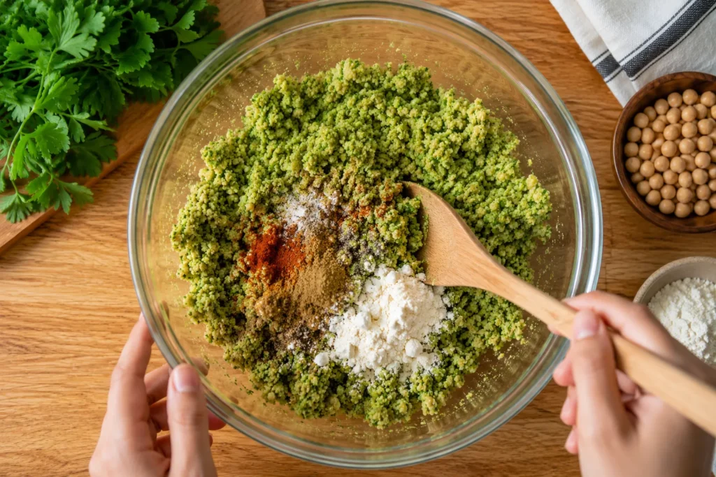 Mixing cumin, coriander, chili powder, flour, and baking powder into homemade falafel mixture with a wooden spoon.