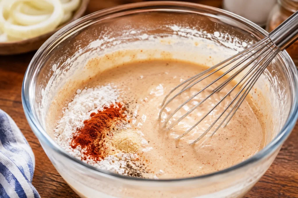 Smooth homemade onion ring batter made with flour, paprika, garlic powder, and milk in a glass mixing bowl.