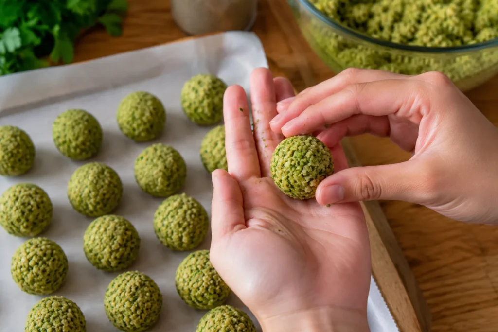 Hands shaping homemade falafel balls on parchment paper before frying until crispy.
