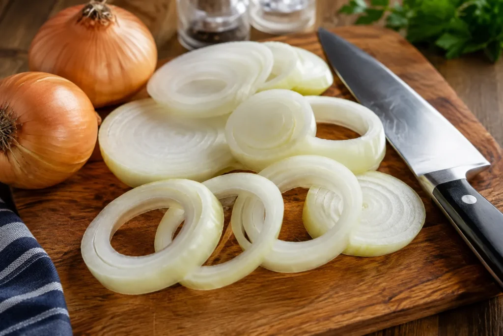 Fresh yellow onions sliced into thick onion rings on a wooden cutting board, ready for frying.
