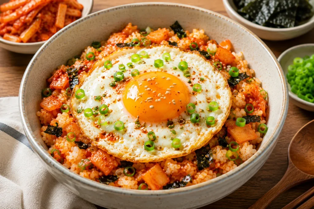 Spicy Kimchi Gyeran Bap with fried egg, chopped kimchi, sesame seeds, and green onions.
