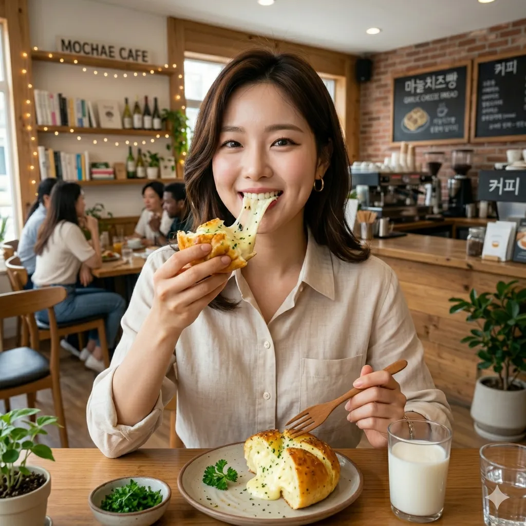 A young woman enjoying a delicious, cheesy Korean garlic cheese bread at a table in a popular Korean cafe.