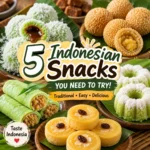 Traditional Indonesian snacks including klepon, onde onde, putu ayu, dadar gulung, and kue lumpur arranged together on banana leaves for a food guide.
