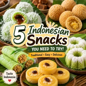 Traditional Indonesian snacks including klepon, onde onde, putu ayu, dadar gulung, and kue lumpur arranged together on banana leaves for a food guide.