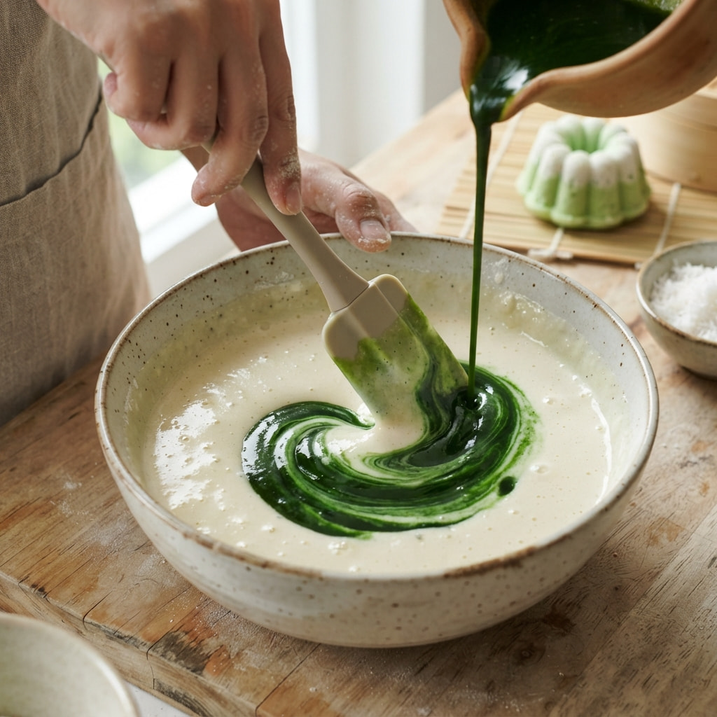 Vibrant green pandan and coconut milk mixture being gently folded into smooth cake batter for Indonesian steamed Putu Ayu cake.