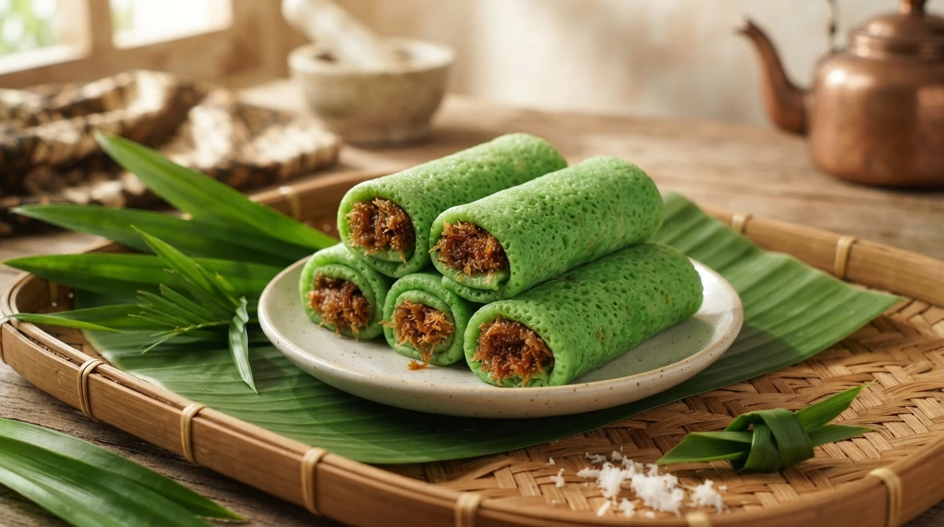 Beautiful presentation of authentic Indonesian Dadar Gulung with vibrant green pandan crepes on a woven bamboo tray with fresh tropical leaves.