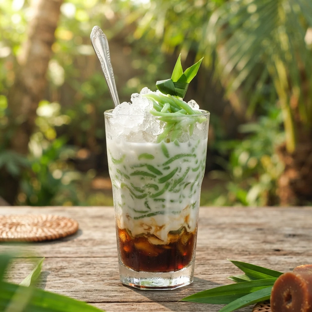 Layered Indonesian es cendol drink with coconut milk and palm sugar.