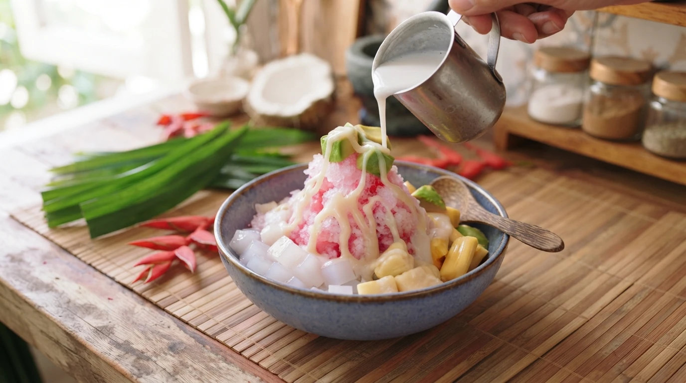 A beautiful bowl of authentic Indonesian Es Doger filled with shaved ice, creamy coconut milk, and colorful tropical toppings, served on a wooden table with tropical leaves.