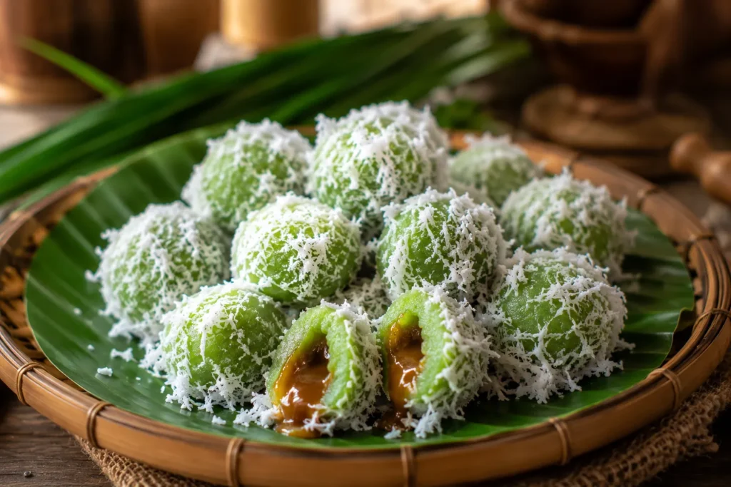 Fresh Indonesian Klepon coated with grated coconut on banana leaves