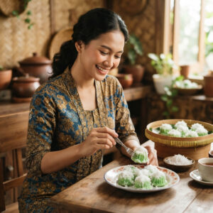 A beautiful Asian woman with fair skin wearing a fitted batik outfit, smiling sweetly while serving traditional green Putu Ayu cakes on a plate in a cozy home environment.