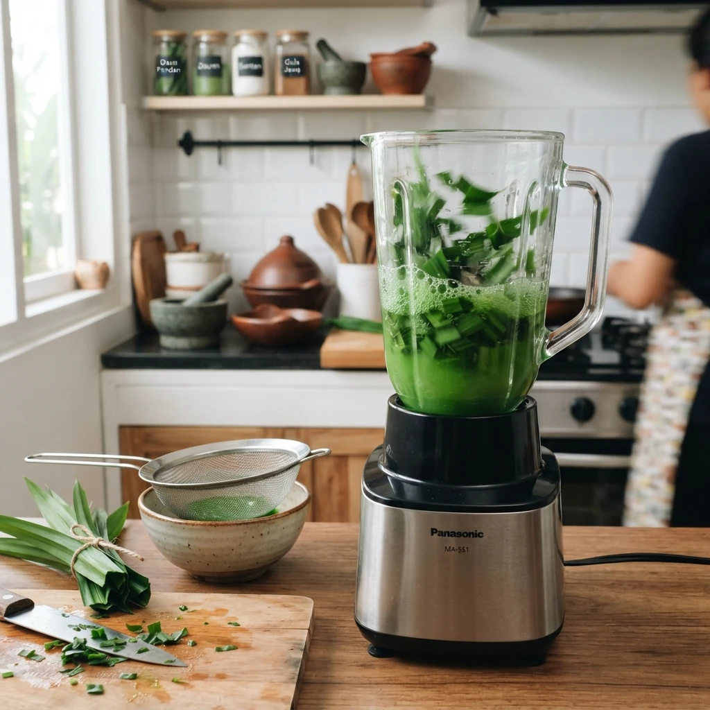 Fresh pandan leaves blended in a kitchen for es cendol.