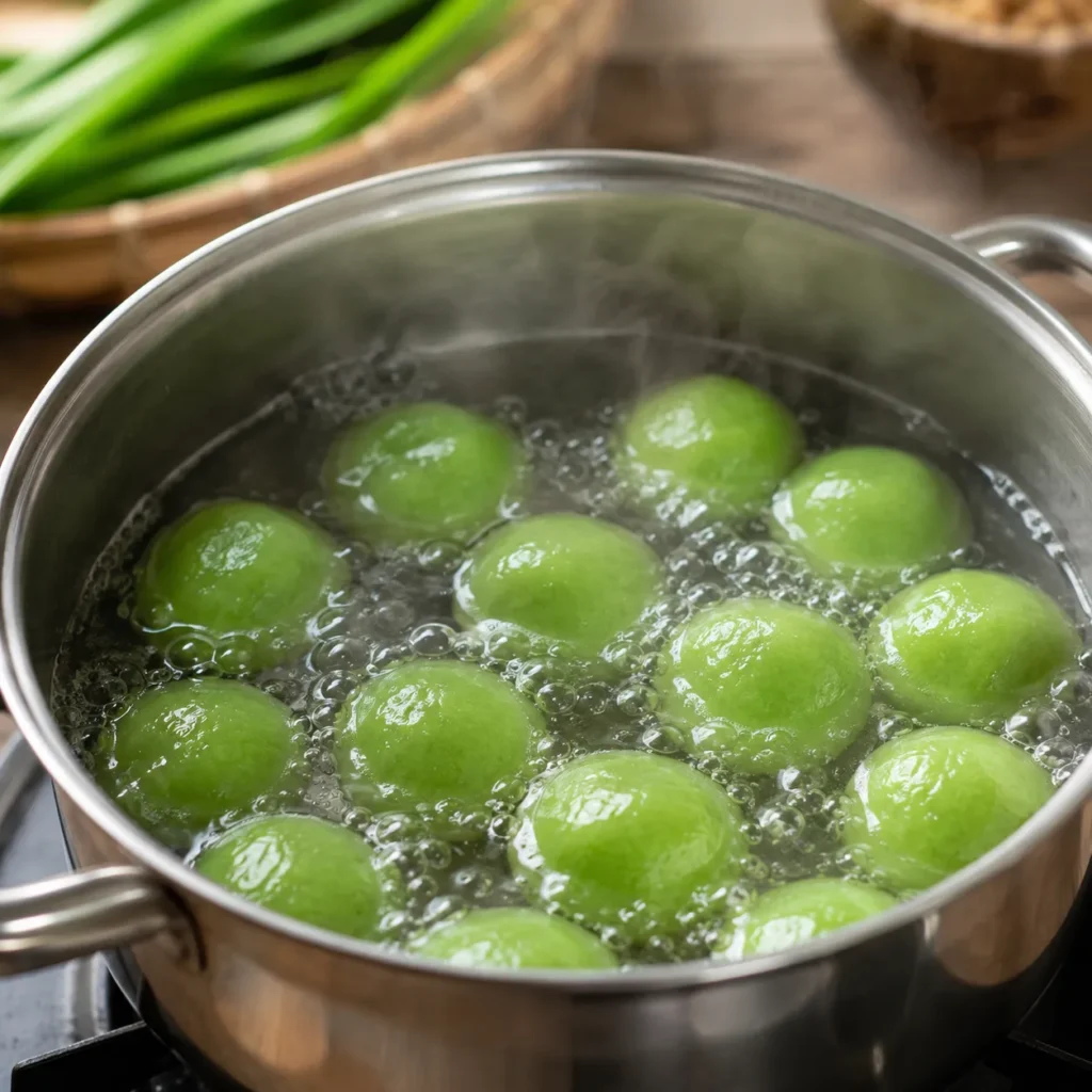 Fresh homemade Klepon floating in boiling water during cooking