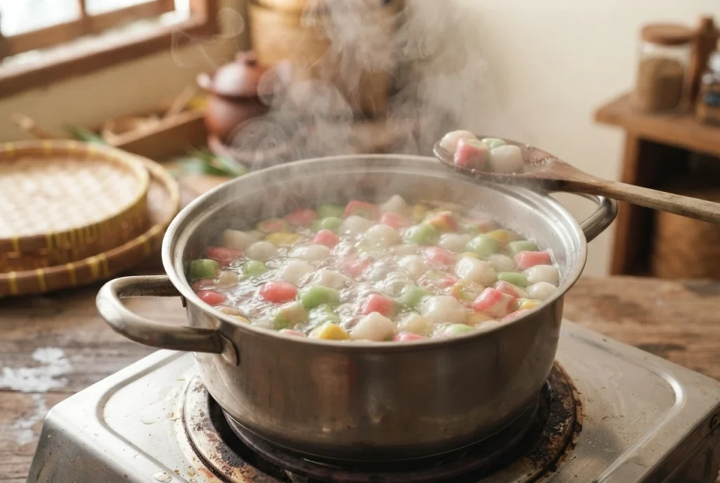 Bright colorful cenil pieces floating and boiling in water inside a stainless steel pot with natural steam rising during the traditional cooking process.