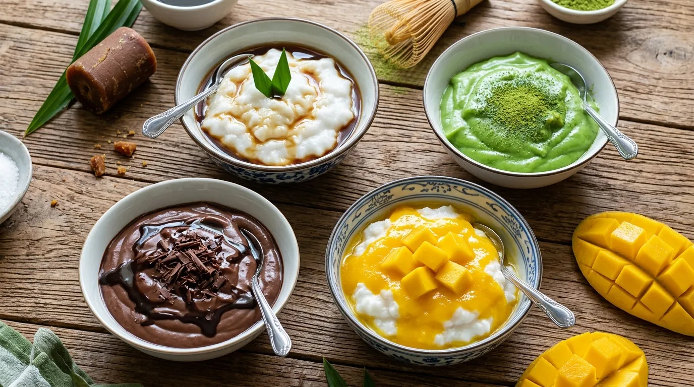 Four bowls of creative bubur sumsum variations including classic, matcha, chocolate, and mango arranged aesthetically on a wooden table.