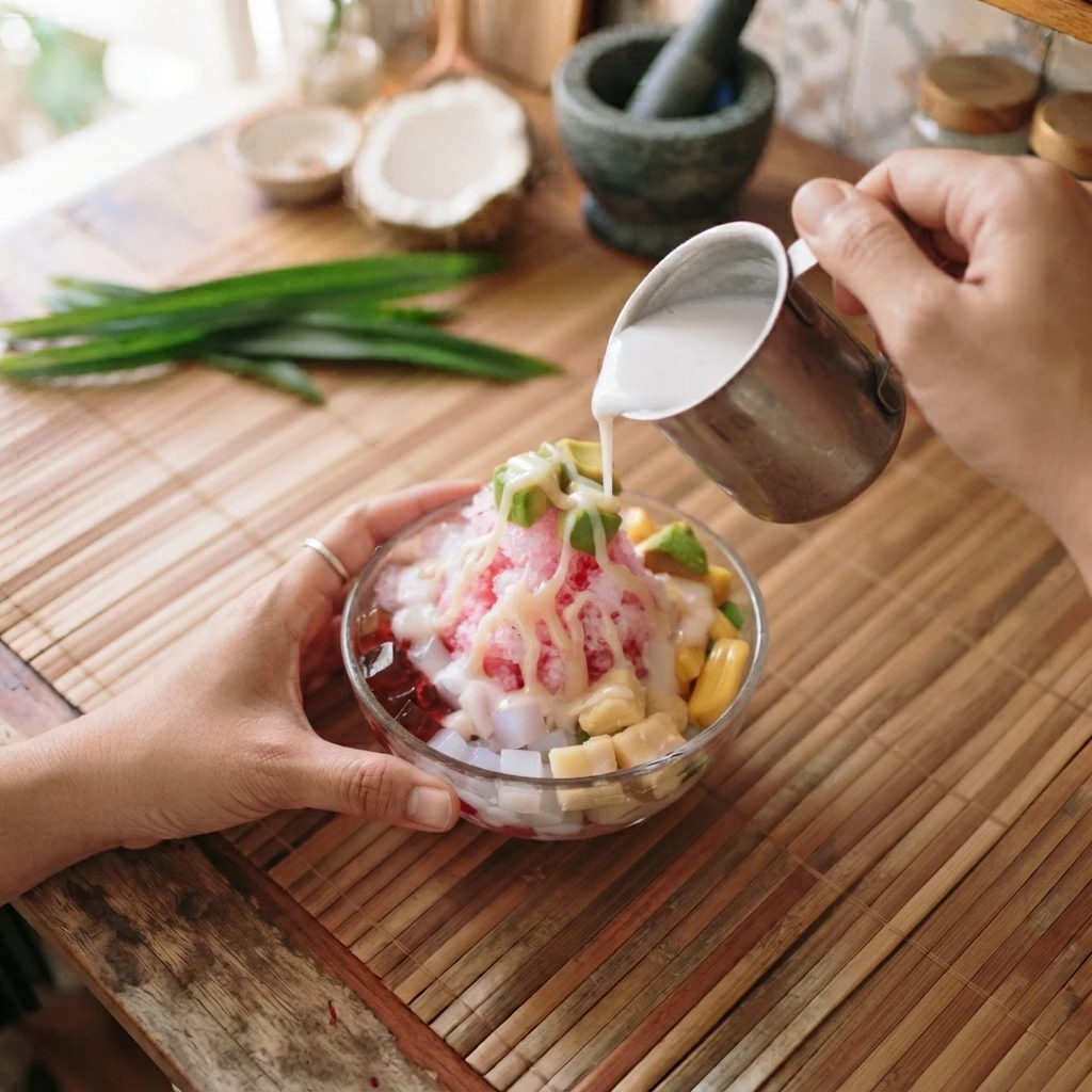 Fresh homemade Es Doger served in a clear glass bowl with creamy coconut milk being poured over colorful tropical toppings and drizzled with condensed milk.