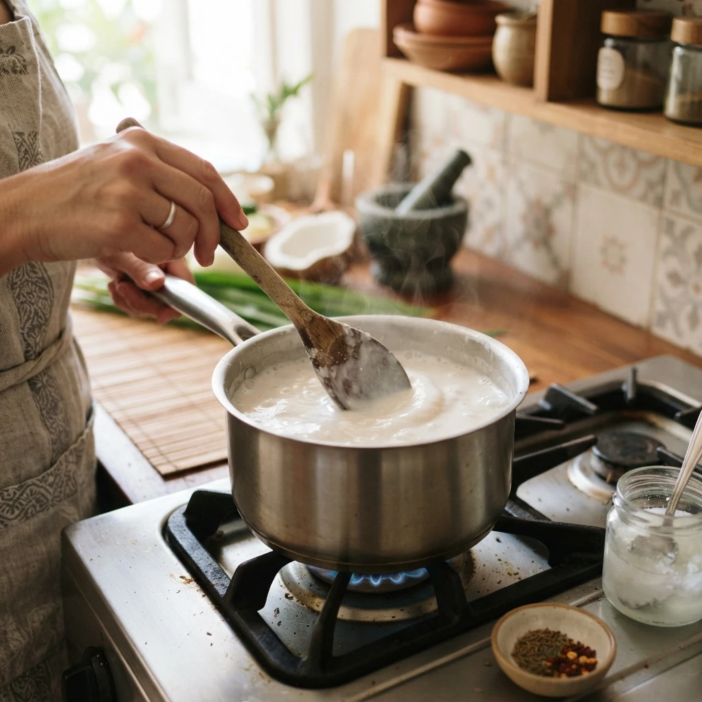A medium saucepan filled with creamy coconut milk being gently stirred with a wooden spoon over low heat in a warm, soft-lit tropical kitchen.