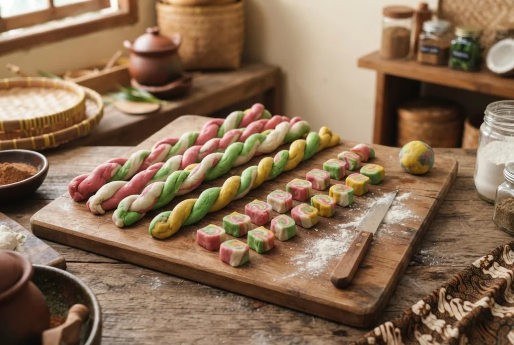Vibrant colorful tapioca dough rolled into ropes and neatly cut into bite-sized pieces on a rustic wooden cutting board with a knife and flour.