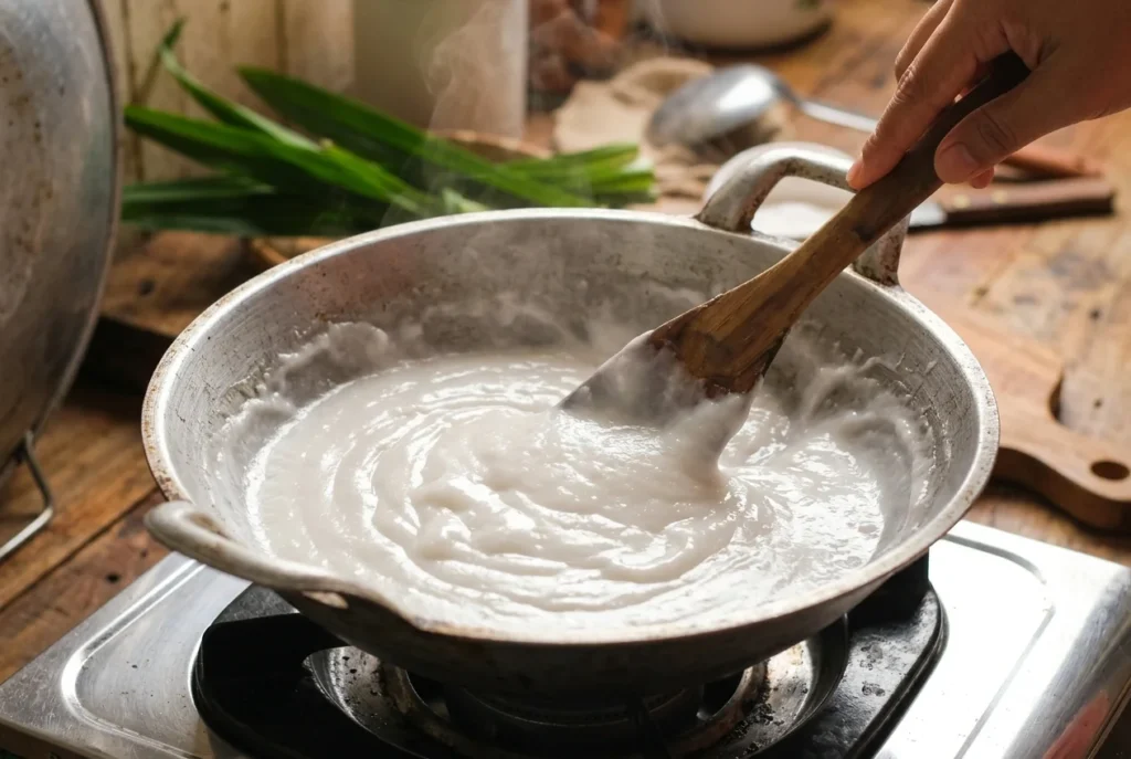 Creamy Indonesian bubur sumsum slowly thickening inside a traditional cooking pot while being stirred with a wooden spatula.