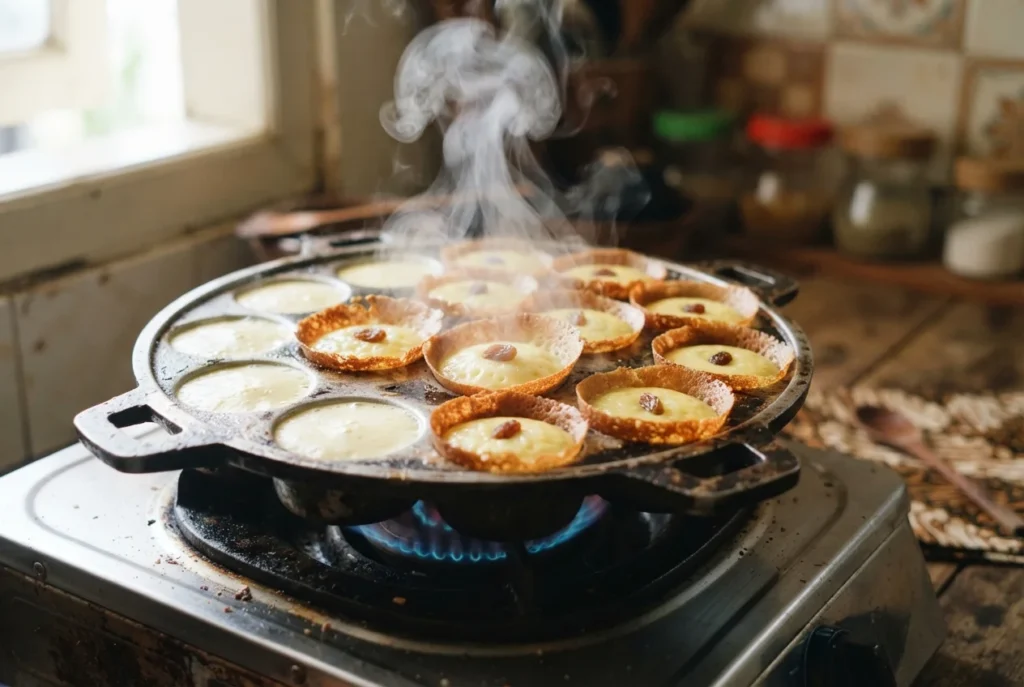 Traditional Indonesian Kue Lumpur cooking inside a special round mold with steam rising and golden-brown edges.