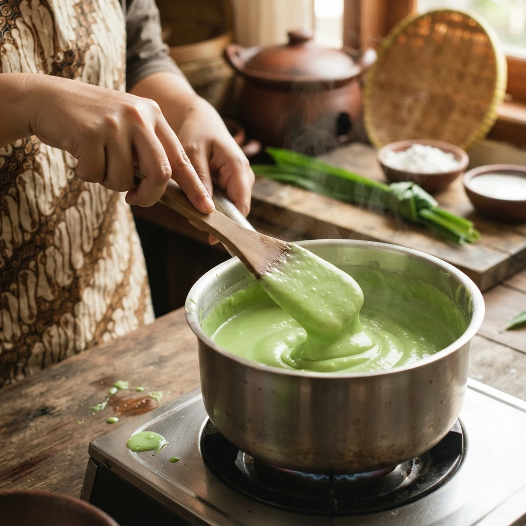 Cooking smooth green pandan cendol batter in a saucepan.