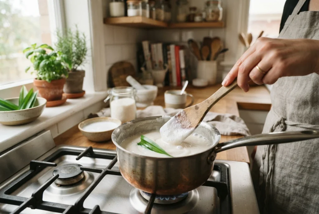 A saucepan filled with creamy white coconut batter being stirred with a wooden spatula with a pandan leaf inside, set in a cozy bright kitchen with soft morning sunlight.
