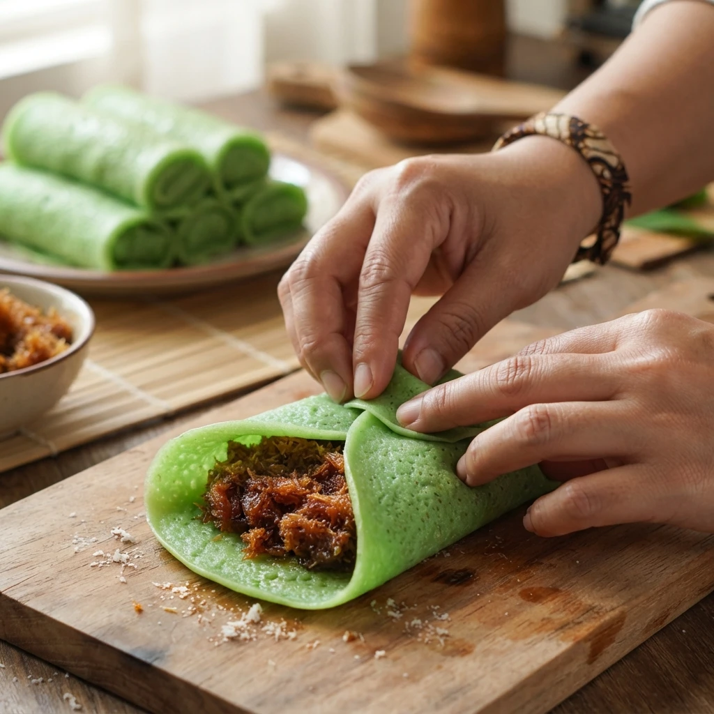 Close-up of hands gracefully rolling a soft pandan crepe around sweet caramelized coconut filling to make authentic Indonesian Dadar Gulung.