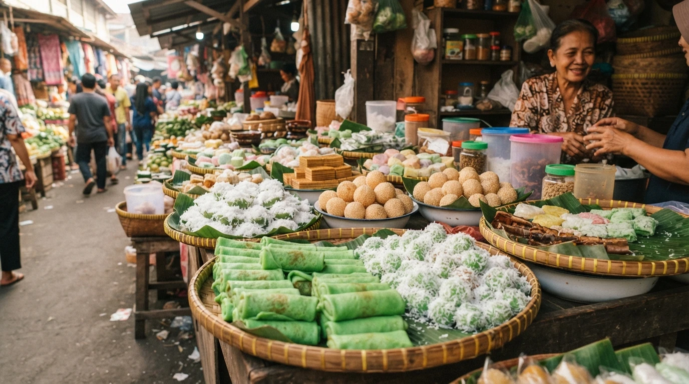 Documentary-style view of a vibrant Indonesian traditional market displaying Dadar Gulung, Klepon, and other local snacks on woven bamboo trays.