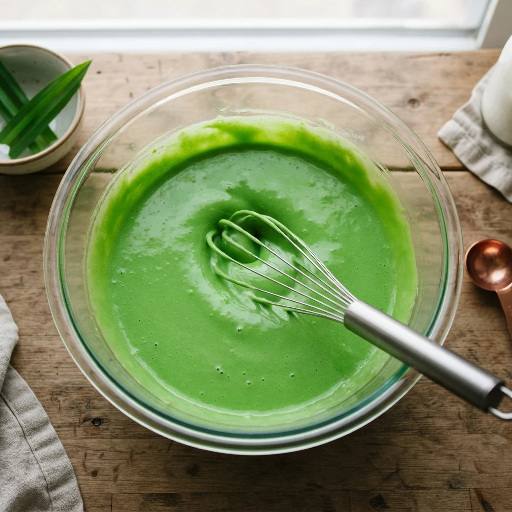 Overhead view of a silky, vibrant green pandan crepe batter being whisked inside a clear glass mixing bowl on a rustic wooden table