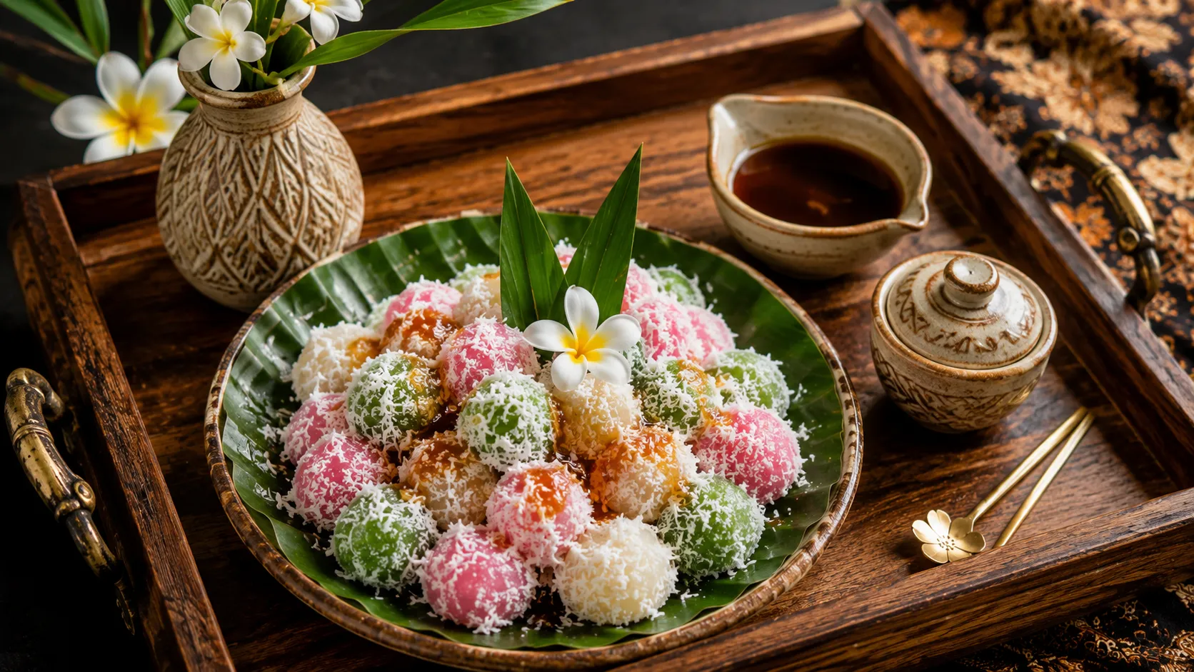 Authentic Indonesian Cenil served with fresh grated coconut and palm sugar syrup on banana leaves