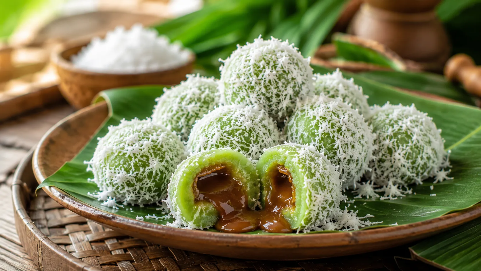 Authentic Indonesian Klepon with melted palm sugar filling and grated coconut