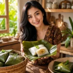 Beautiful Indonesian woman holding homemade Nagasari wrapped in banana leaf in a bright tropical kitchen