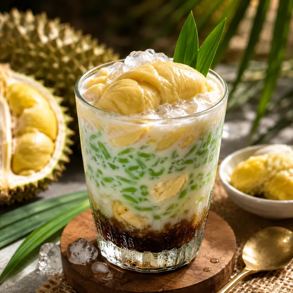 Refreshing Es Cendol Durian with creamy coconut milk, palm sugar syrup, and fresh durian