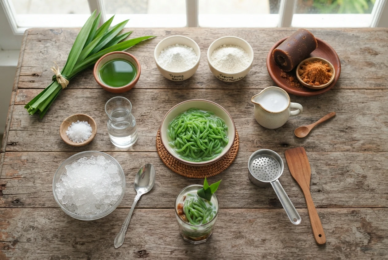 Flat lay of traditional es cendol ingredients on a wooden surface.